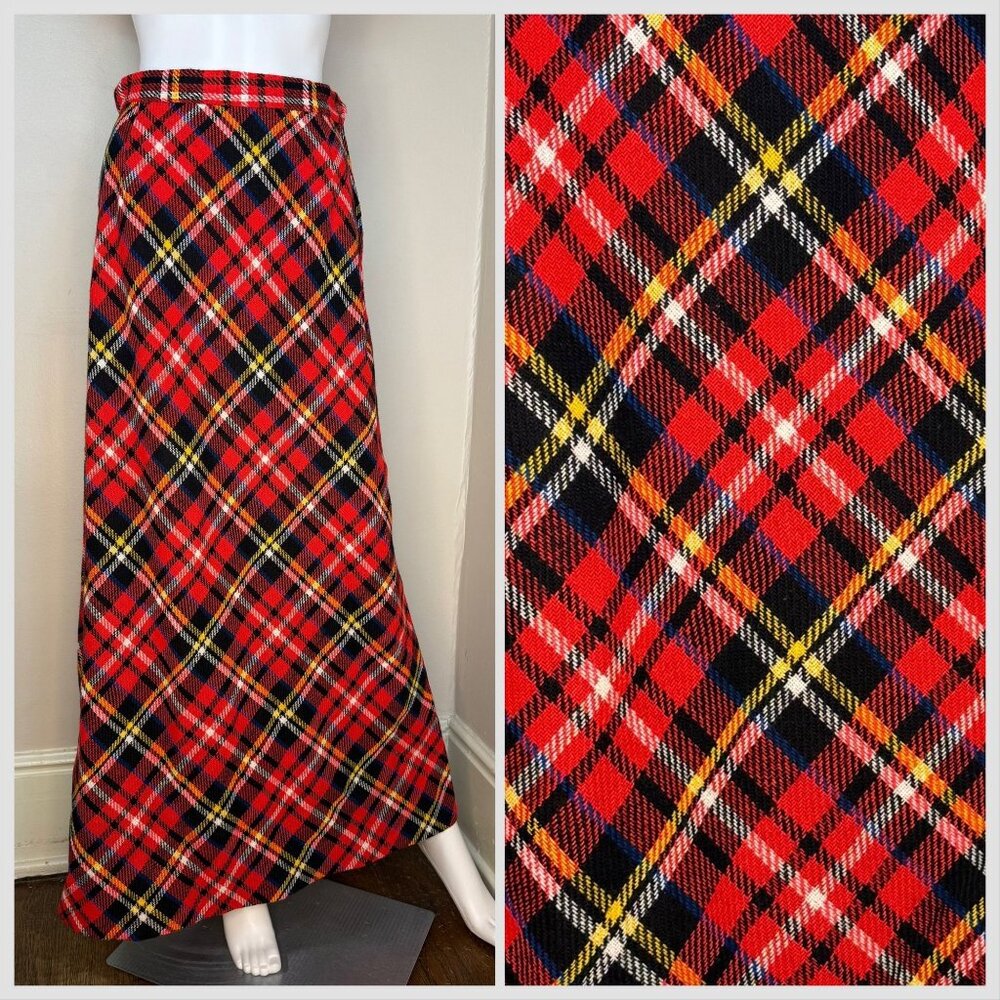 Vintage 1970s Red Plaid Maxi Skirt, Size XS/Small